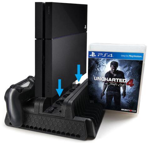 PS4 stand with fan and integrated controller charger